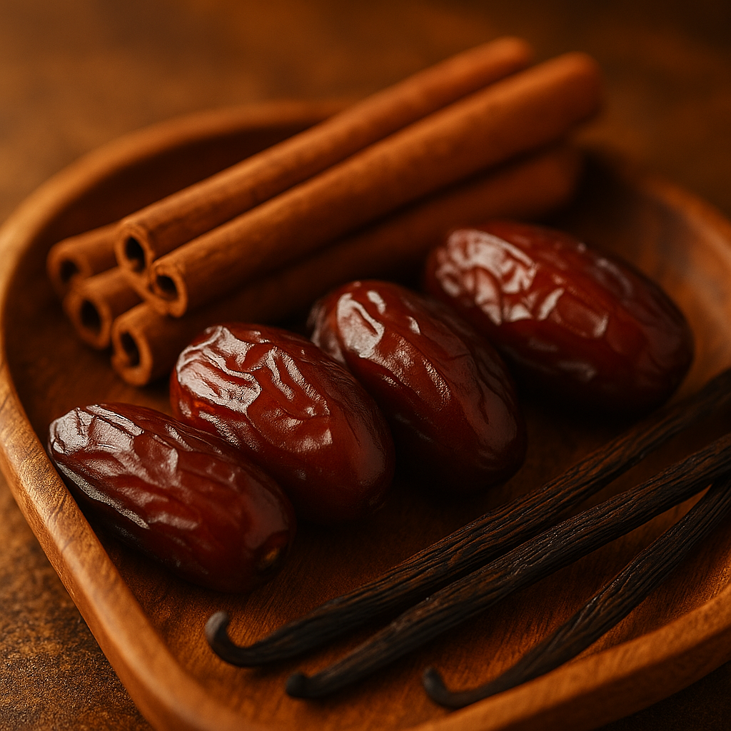 Dates, cinnamon sticks, and vanilla pods on a wooden tray