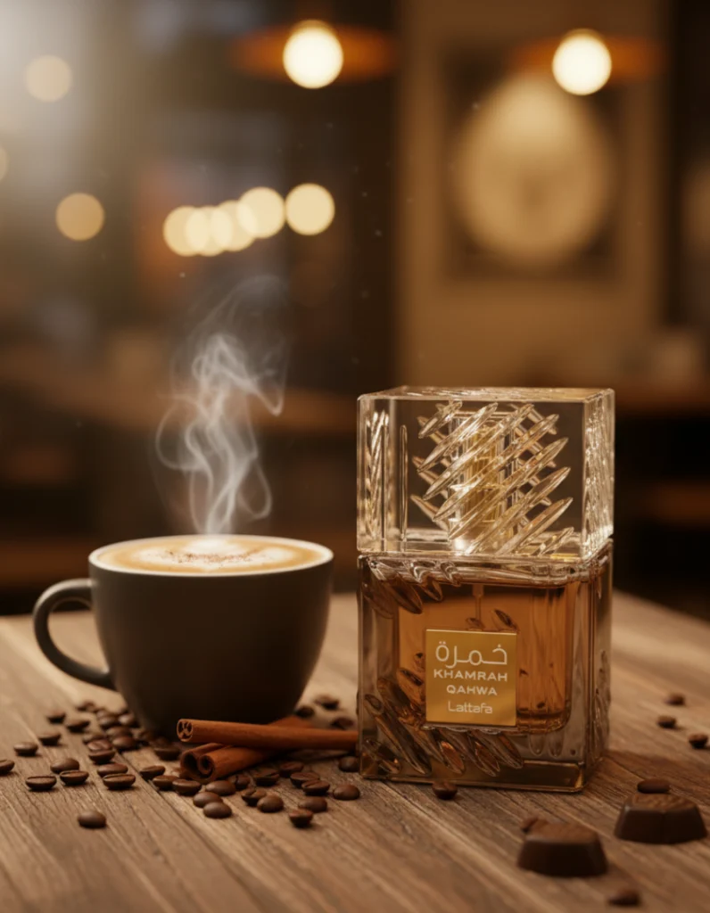 Lataffa Khamrah Qahwa perfume with a cappuccino and coffee beans