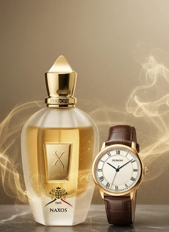 Luxury perfume bottle with a watch symbolizing 12 hour longevity