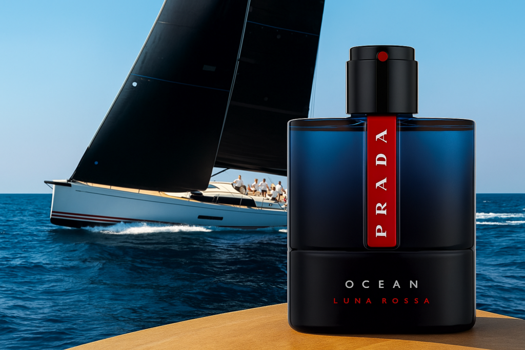 Prada Luna Rossa Buying Guide lifestyle shot showing fragrance inspiration from sailing and the ocean.