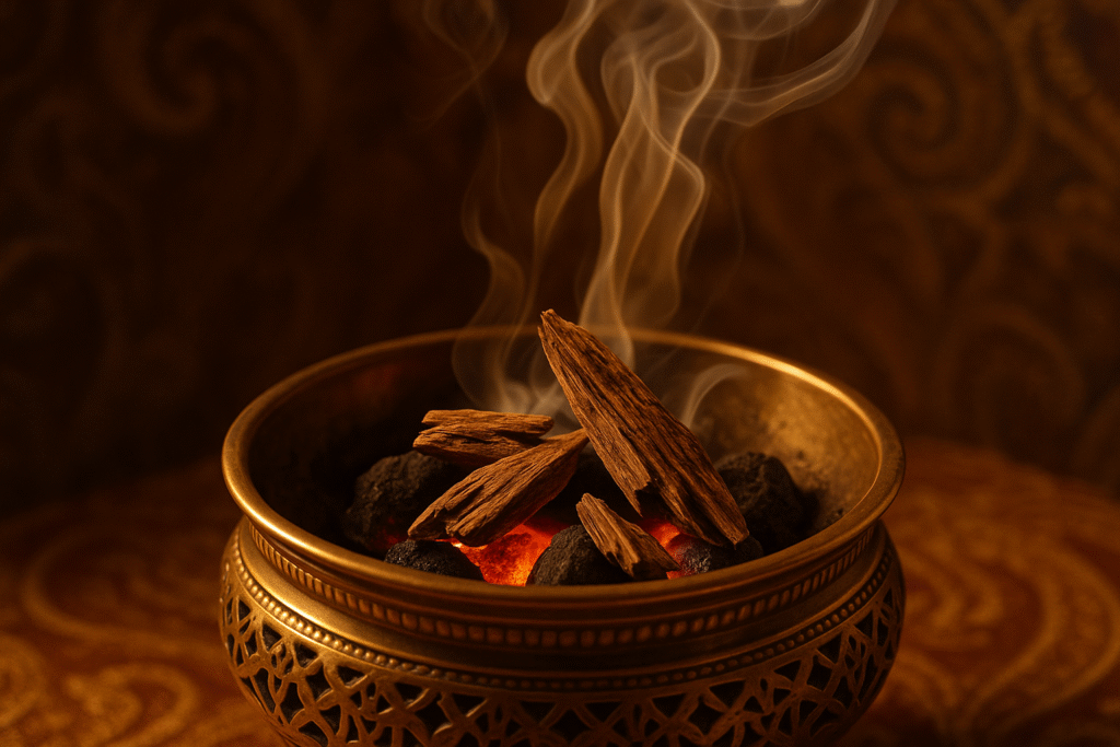 Oud wood burning with smoke representing perfume sillage in Middle Eastern culture