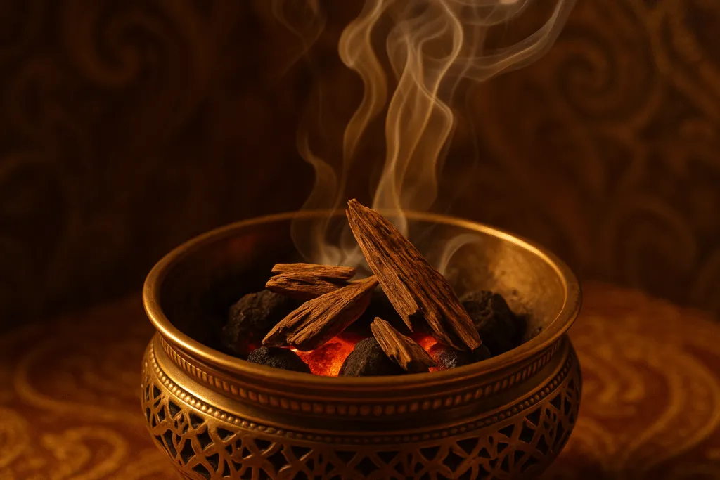 Oud wood burning with smoke representing perfume sillage in Middle Eastern culture