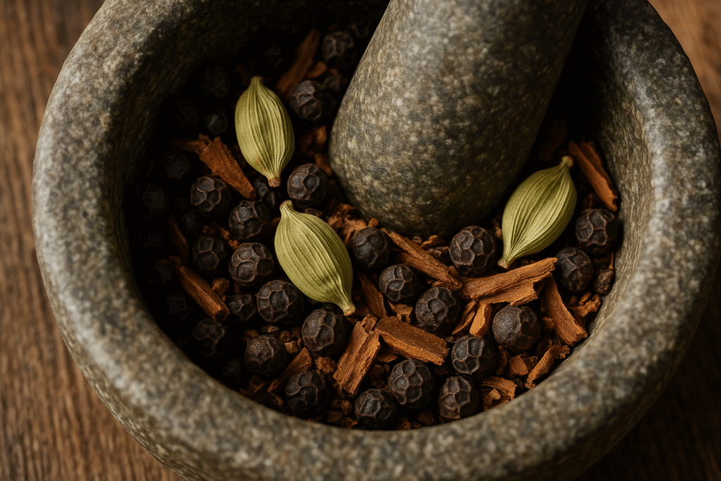 Mortar and pestle grinding peppercorns, cardamom, and cinnamon, representing natural ingredients in spicy perfumes for men.