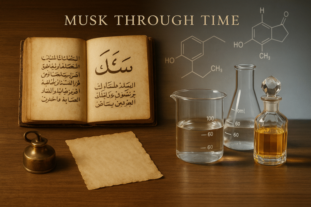 What is musk in perfumery visualized with ancient Arabic manuscripts and modern lab glassware side by side