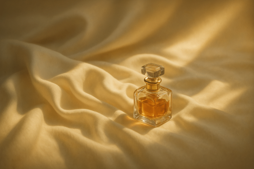 What is musk in perfumery represented with soft ivory fabric and a crystal perfume bottle of amber liquid