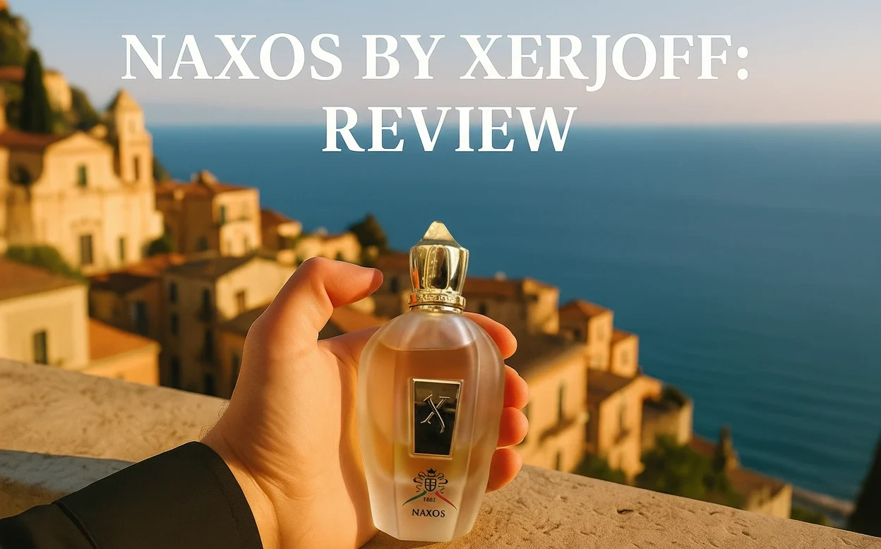 Naxos by Xerjoff bottle overlooking the Sicilian sea and architecture
