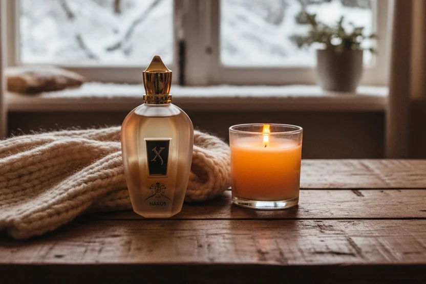 Cozy winter scene with perfume bottle, scarf, candle, and snow