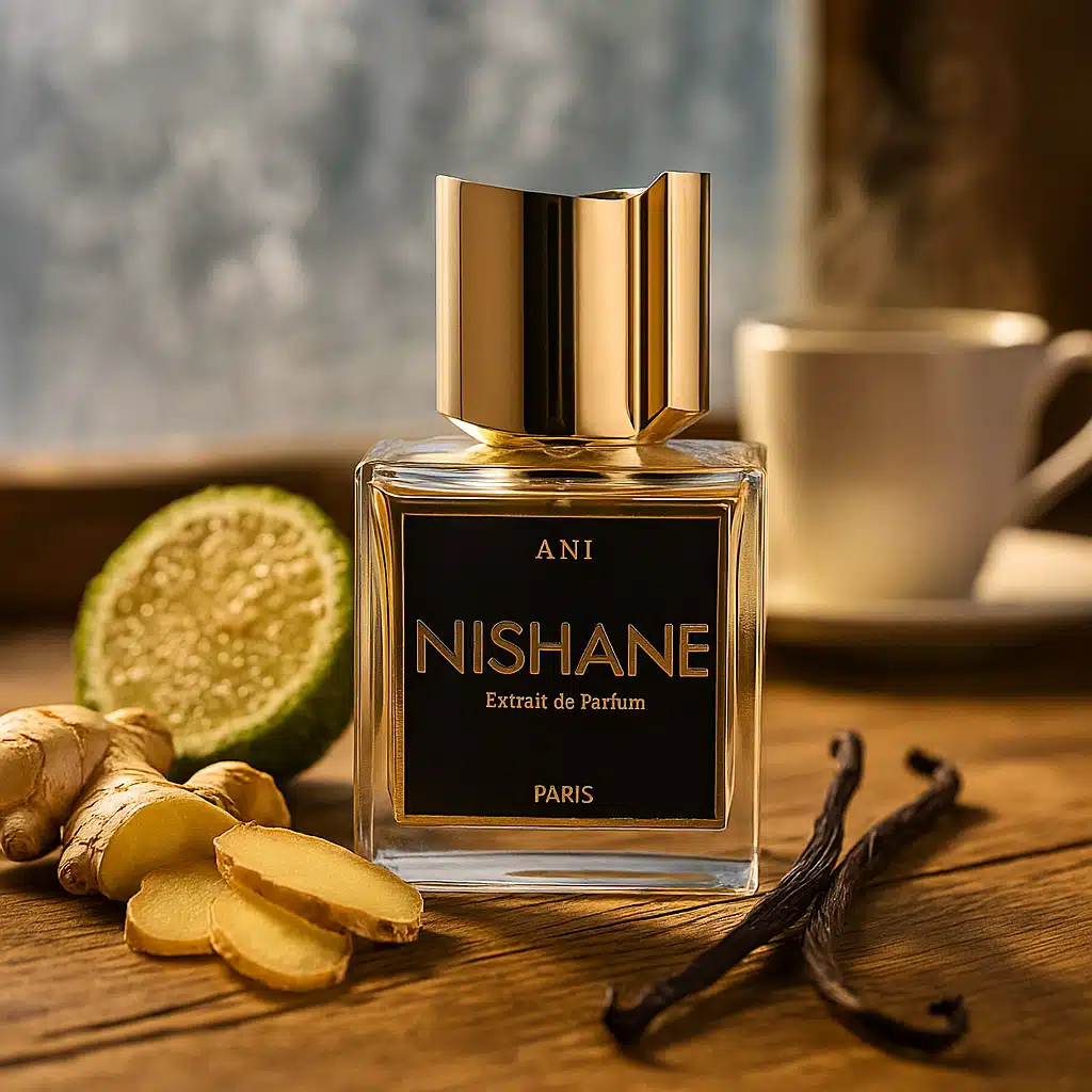 Nishane Ani bottle on wood with ginger root, bergamot, and vanilla pods.