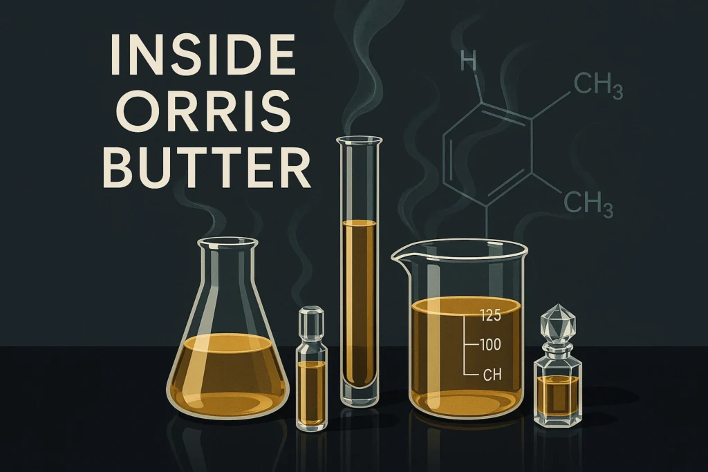 What is iris in perfumery visualized with orris butter, lab beakers, and molecular diagrams