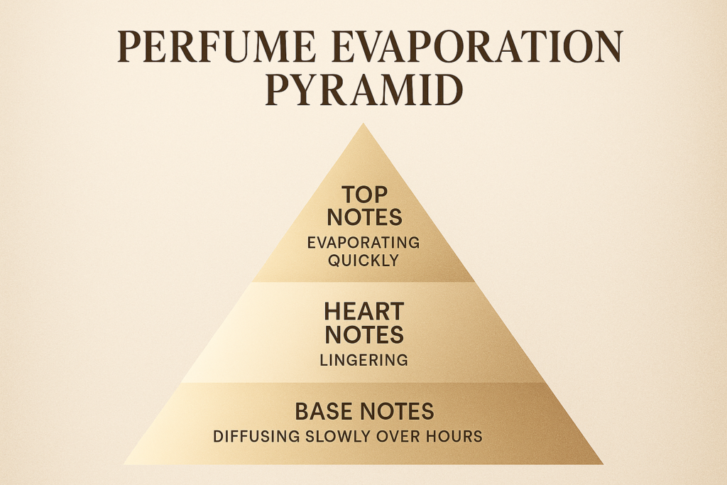 Infographic showing perfume top, heart, and base notes affecting sillage