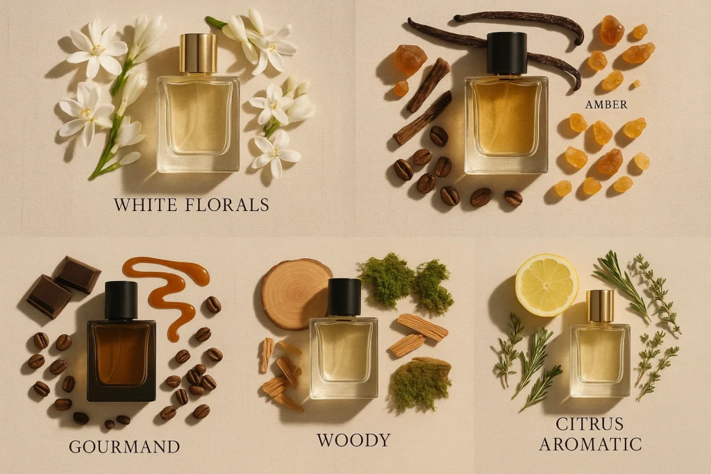 Flat-lay of perfume bottles with florals, ambers, gourmands, woods, and citrus elements to show fragrance families and sillage strength