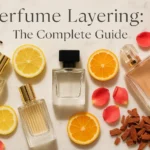 Perfume layering guide with perfume bottles and layering combinations