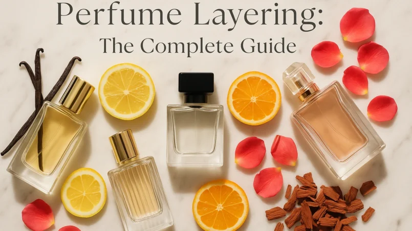 Perfume layering guide with perfume bottles and layering combinations