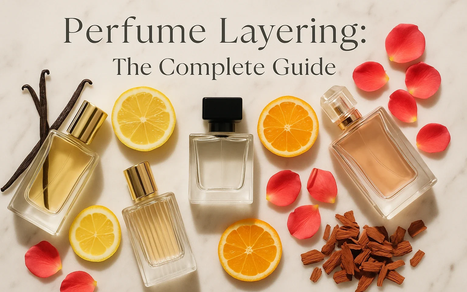 Perfume layering guide with perfume bottles and layering combinations