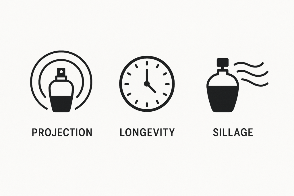 Infographic explaining sillage, projection, and longevity differences in perfumery