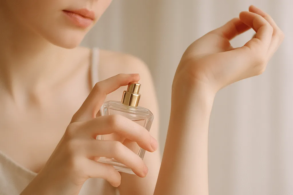 Person smelling their wrist to show intimate perfume sillage