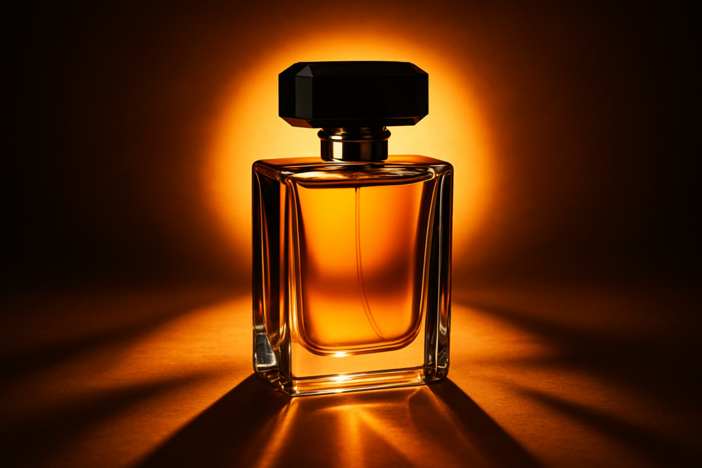 Luxury perfume bottle surrounded by glowing aura to represent strong fragrance sillage