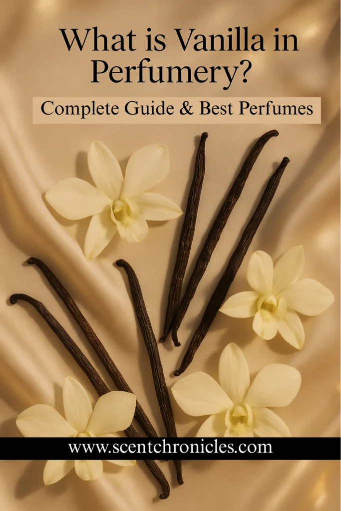 Vanilla orchids and pods flat lay with beige silk background, designed as a Pinterest cover image.