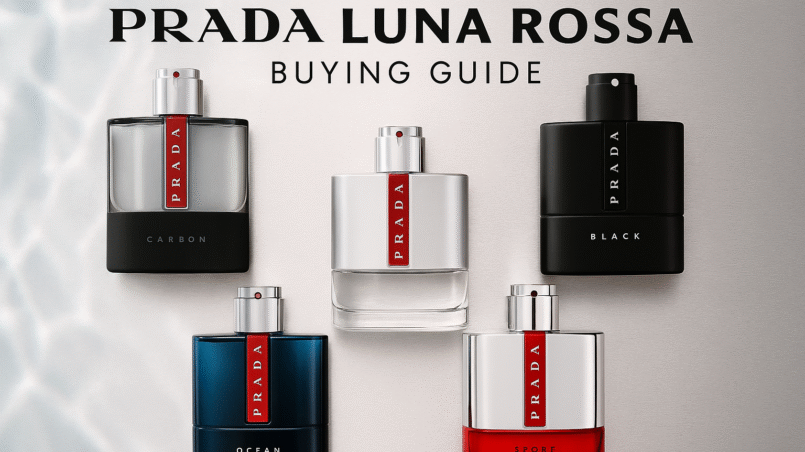 Header image for Prada Luna Rossa Buying Guide showing the full collection of Prada Luna Rossa fragrances.