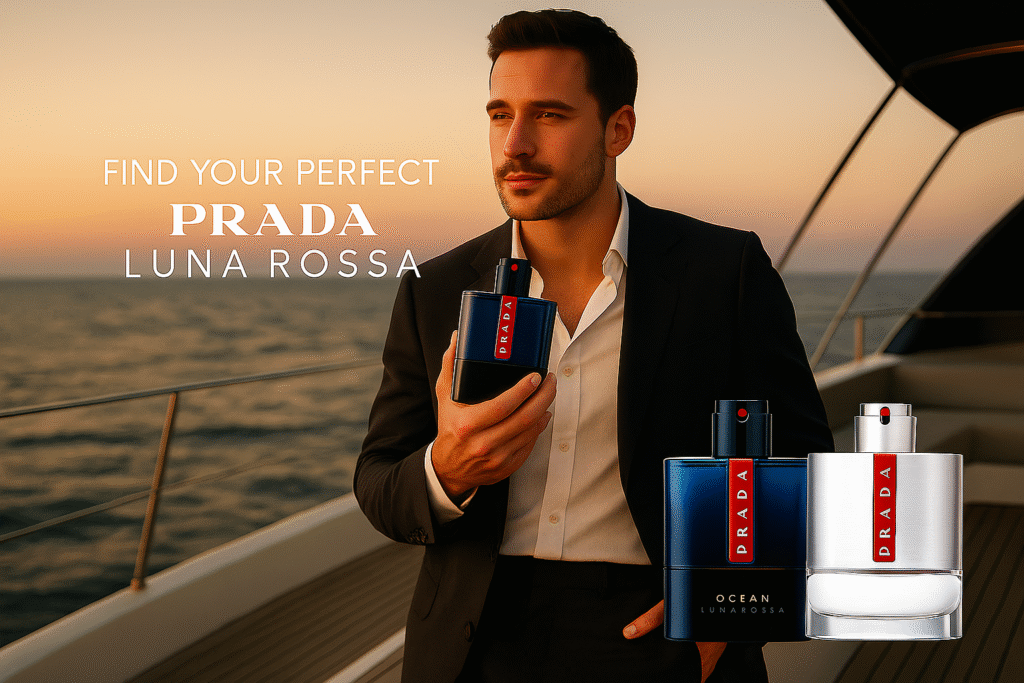 Prada Luna Rossa Buying Guide lifestyle photo of man on yacht at sunset with Ocean, Carbon, and Black fragrances.