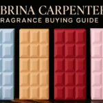 Header image for Sabrina Carpenter Fragrance Buying Guide showing Sweet Tooth, Caramel Dream, Cherry Baby, and Me Espresso perfume bottles with cherries, chocolate, and coffee beans on black marble.
