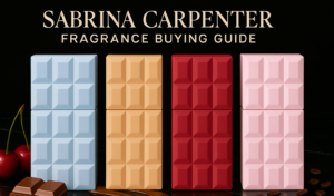 Header image for Sabrina Carpenter Fragrance Buying Guide showing Sweet Tooth, Caramel Dream, Cherry Baby, and Me Espresso perfume bottles with cherries, chocolate, and coffee beans on black marble.