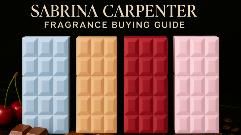 Header image for Sabrina Carpenter Fragrance Buying Guide showing Sweet Tooth, Caramel Dream, Cherry Baby, and Me Espresso perfume bottles with cherries, chocolate, and coffee beans on black marble.