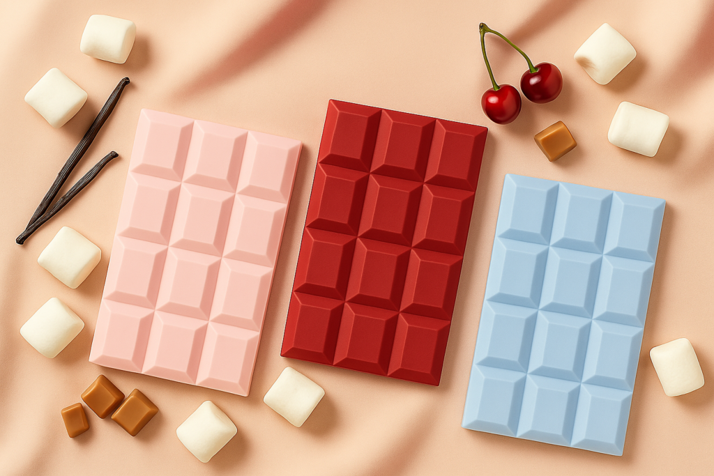 Flat lay of Sabrina Carpenter Me Espresso, Sweet Tooth and Cherry Baby perfumes with marshmallows, cherries, vanilla pods, and chocolate on a pink background.