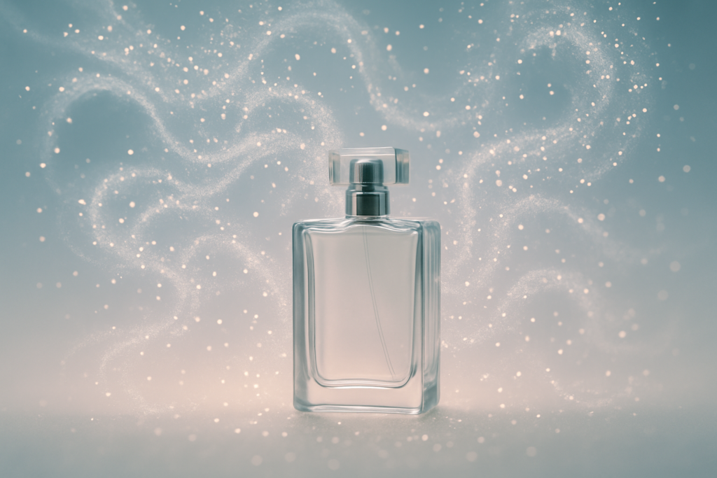 Artistic visualization of perfume molecules creating a sillage trail