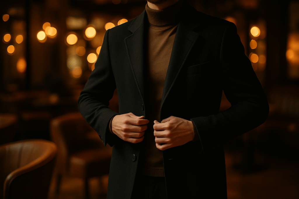 Stylish man adjusting his coat in golden warm lighting, reflecting the elegance and confidence of spicy perfumes for men.