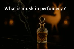 What is musk in perfumery shown as a luxury still-life with a crystal vial of golden musk oil, marble surface, and incense smoke