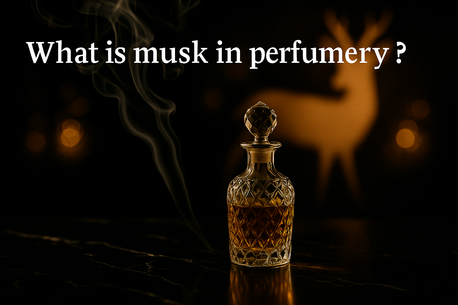 What is musk in perfumery shown as a luxury still-life with a crystal vial of golden musk oil, marble surface, and incense smoke