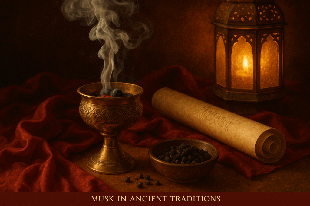 What is musk in perfumery illustrated with incense burner, silk fabrics, parchment, and symbolic musk grains