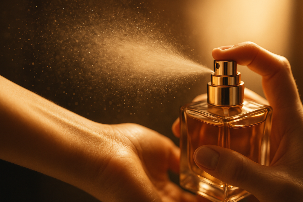 Editorial visualization of perfume molecules diffusing in the air to create sillage