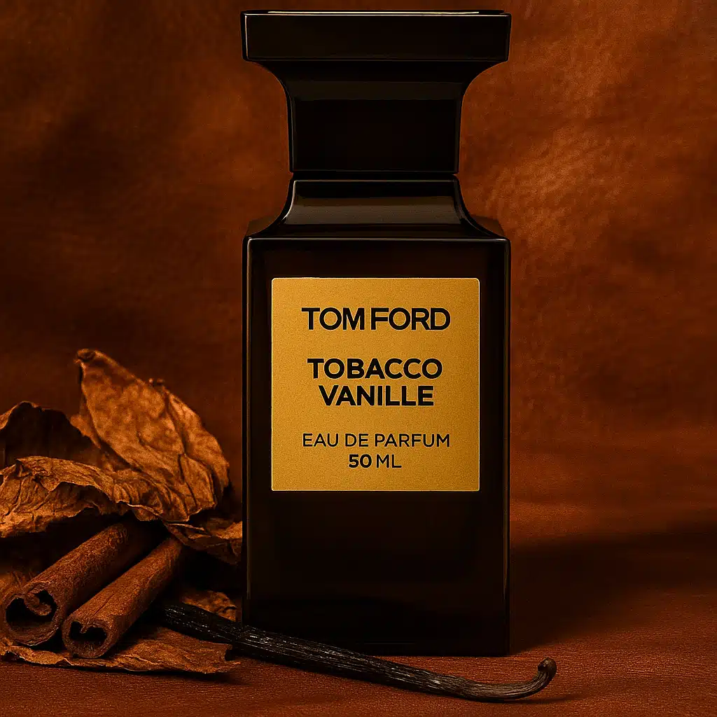 Tom Ford Tobacco Vanille perfume bottle with tobacco leaves and vanilla pods.