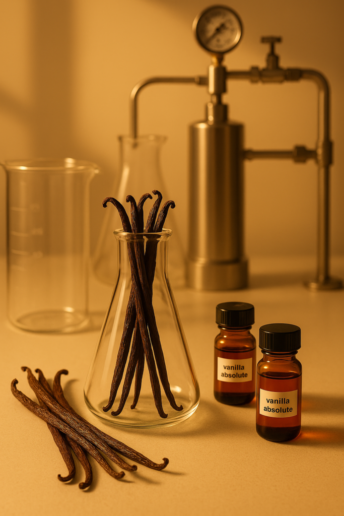 Vanilla pods with glass beakers and amber vials of vanilla absolute.