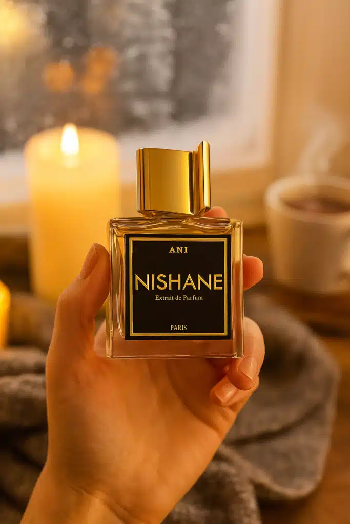 Hand holding Nishane Ani perfume bottle by a snowy window with candlelight.