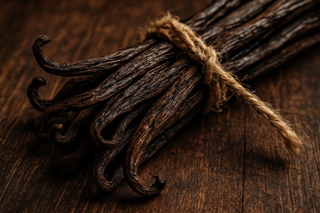 Dried vanilla pods on a wooden table, tied with twine.