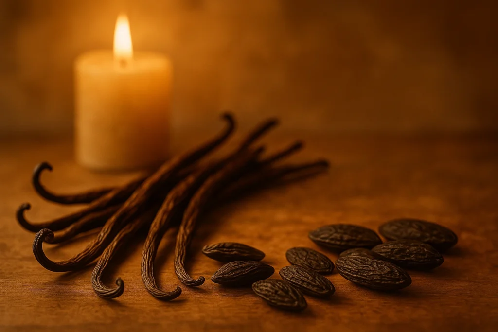 Vanilla pods and tonka beans representing Xerjoff Naxos dry down