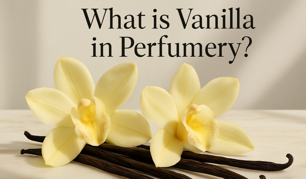 Vanilla orchids and dried vanilla pods on a marble surface.