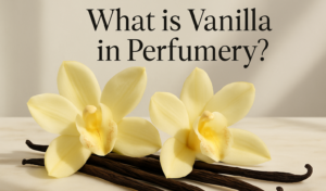 Vanilla orchids and dried vanilla pods on a marble surface.