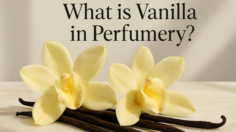 Vanilla orchids and dried vanilla pods on a marble surface.