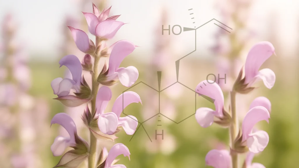 What is ambroxan in perfumery derived from clary sage shown with blooming clary sage flowers