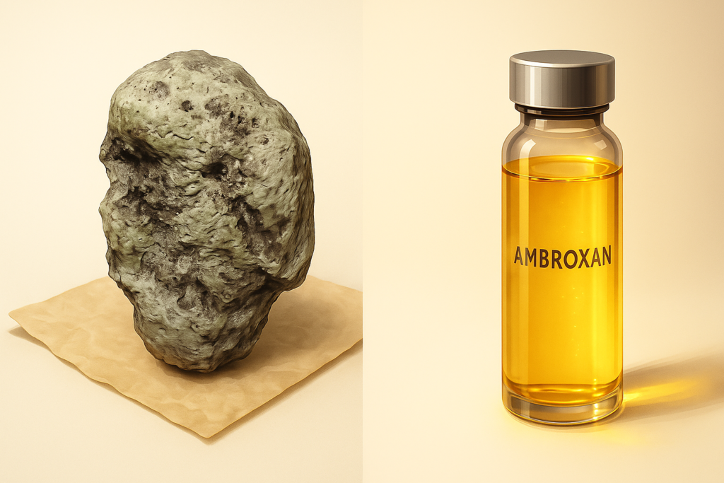 What is ambroxan in perfumery illustrated with ambergris on one side and lab vial of Ambroxan on the other