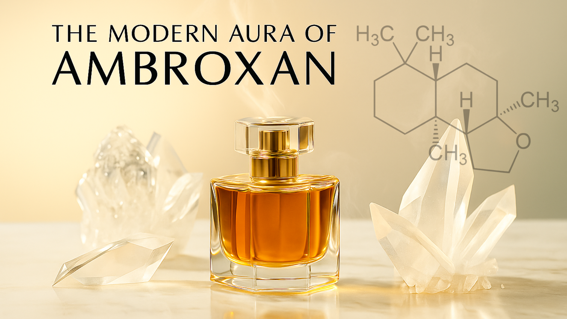 What is ambroxan in perfumery shown with a crystal bottle, marble surface, and glowing golden liquid in a modern editorial header style