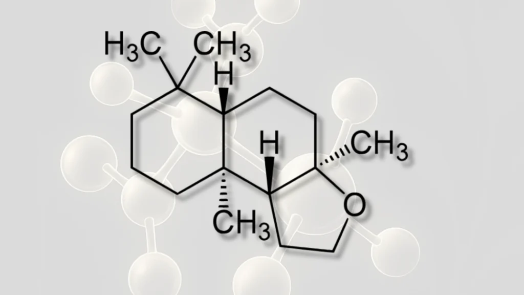 What is ambroxan in perfumery shown with molecular diagram glowing in white-gold
