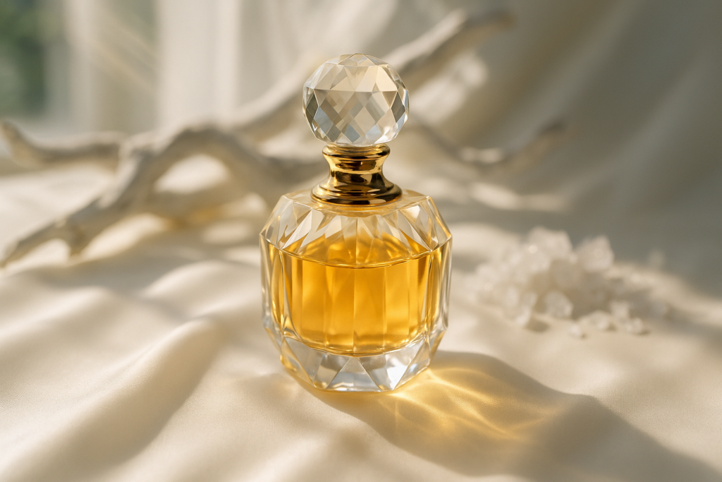 What is ambroxan in perfumery shown with crystal perfume bottle, silk, and salt crystals glowing in sunlight