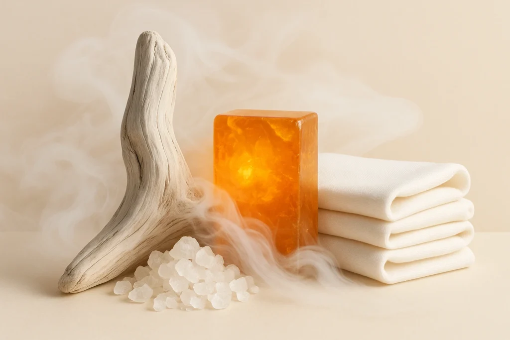 What is ambroxan in perfumery represented with driftwood, salt crystals, amber resin, and cotton fabric