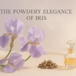 What is iris in perfumery shown with blooming purple iris flowers, dried orris roots, and a crystal perfume bottle on a soft ivory background