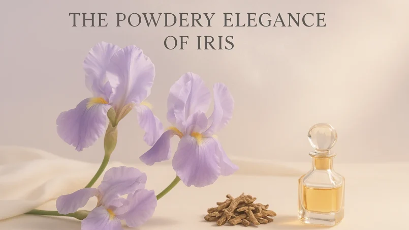 What is iris in perfumery shown with blooming purple iris flowers, dried orris roots, and a crystal perfume bottle on a soft ivory background
